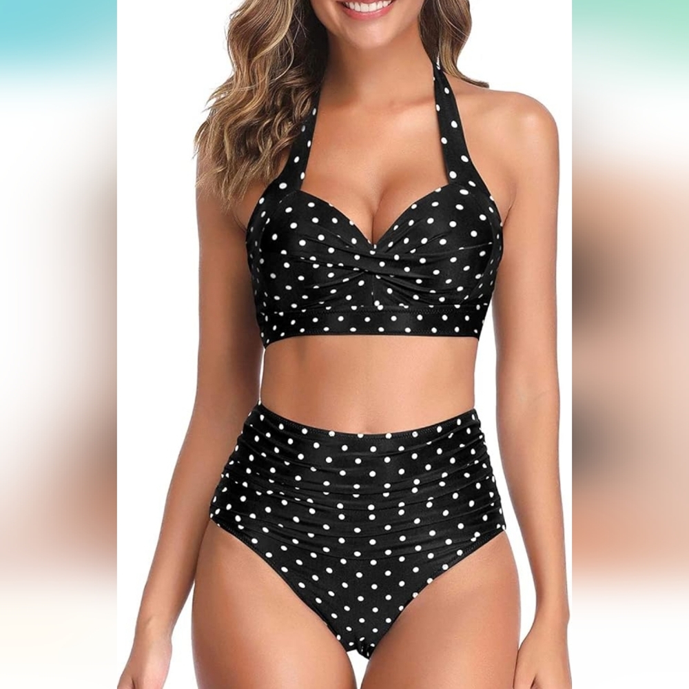 Tempt Me Women's Polka-dot Swimsuit Retro Halter Ruched High Waist Bikini L